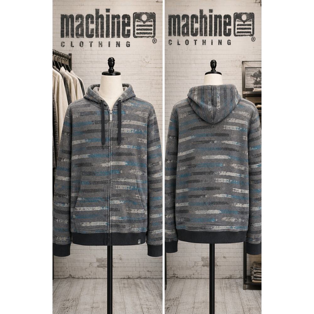 Machine Clothing Zip Hoodie Gray Blue Striped Fleece Full Zip M